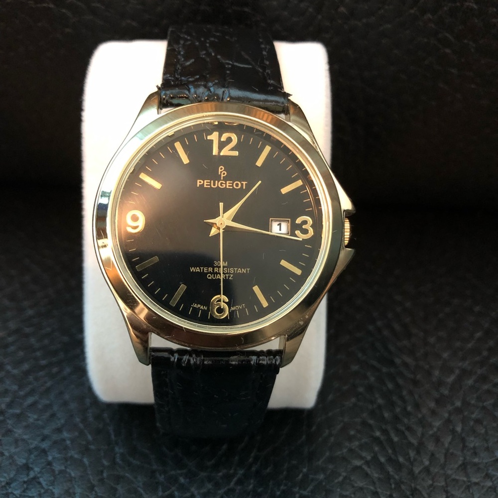 Peugeot Men’s Watch Black Leather Gold Face